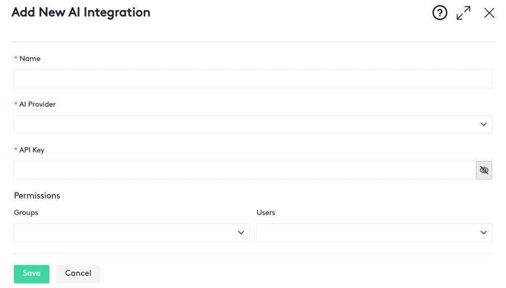 Add New AI Integration pane