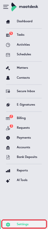 Maatdesk left menu with Settings highlighted at the bottom