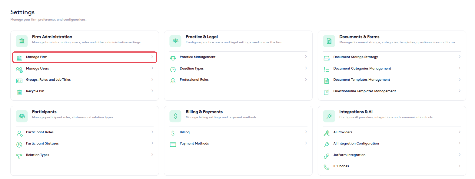 Settings page with the Firm Administration section and the Manage Firm option highlighted