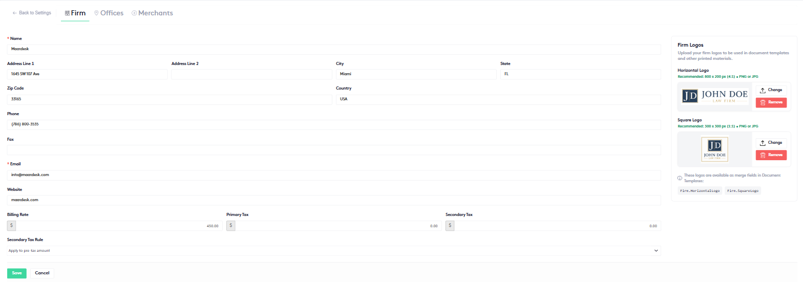 Firm tab showing contact fields, billing rate and tax fields, and the Firm Logos panel