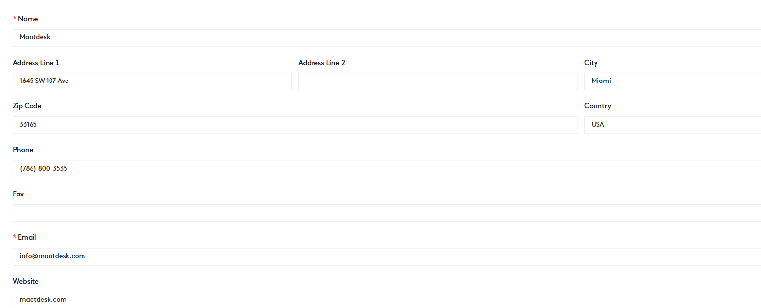 Contact fields: Name, Address Line 1, Address Line 2, City, State, Zip Code, Country, Phone, Fax, Email, Website