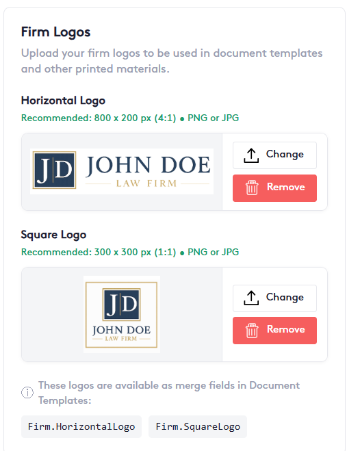 Firm Logos panel with a horizontal logo and a square logo, each with Change and Remove buttons
