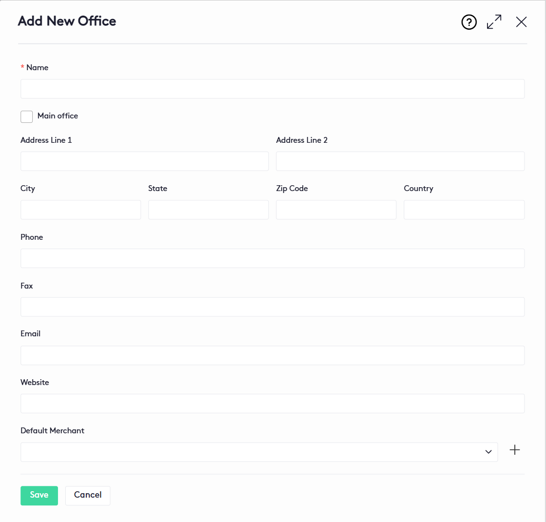 Add New Office panel with Name, Main office checkbox, address fields, Phone, Fax, Email, Website and Default Merchant