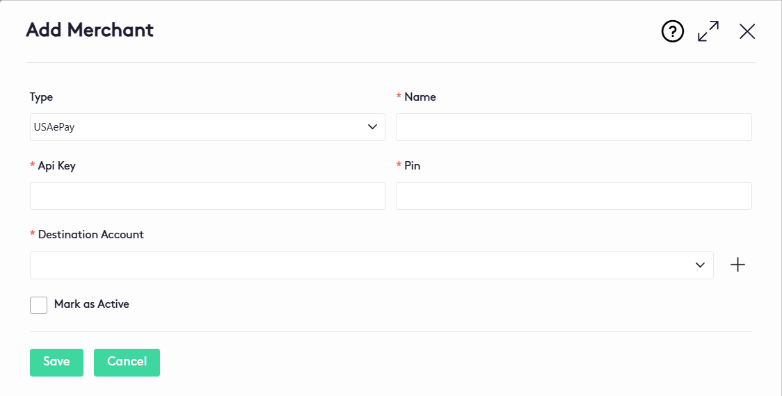 Add Merchant panel with Type, Name, Api Key, Pin, Destination Account and Mark as Active